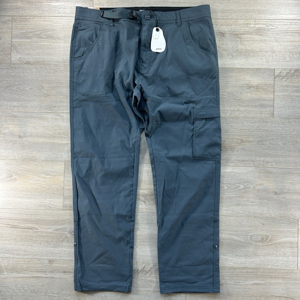 Prana Zion II Stretch Slim Fit 38x30 Grey Blue Tapered Leg Pants Hiking Roll Tab